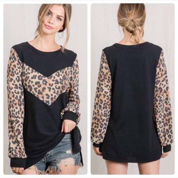 First Love Tops - NWT First Love Black Top With Waffle Knit Leopard Print Sleeves Sizes S, M